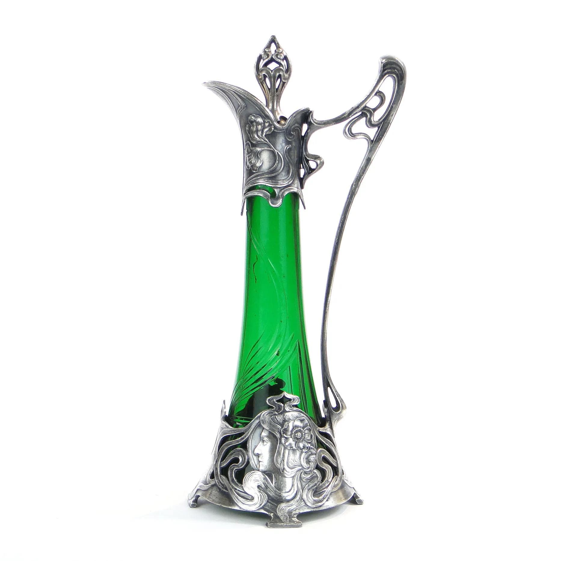 Karafka secesyjna, szkło zielone, cyna srebrzona, proj. A. Mayer, WMF, Niemcy, początek XX w. - 33232