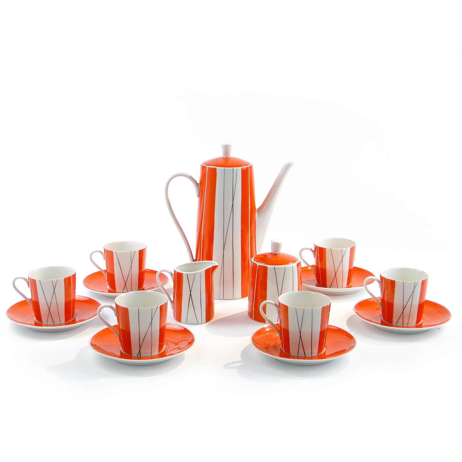 Serwis kawowy Adam, pomarańczowy-biały-czarny, porcelana, proj. S. Skomiał, Polska, lata 60. - 33588