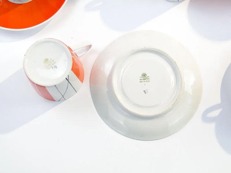 Serwis kawowy Adam, pomarańczowy-biały-czarny, porcelana, proj. S. Skomiał, Polska, lata 60. - 33596