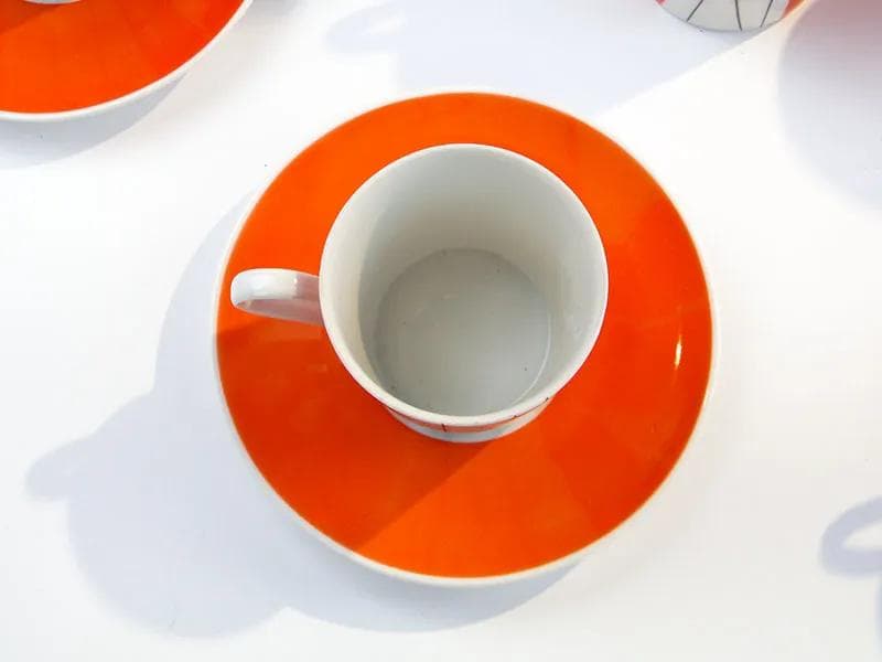 Serwis kawowy Adam, pomarańczowy-biały-czarny, porcelana, proj. S. Skomiał, Polska, lata 60. - 33593