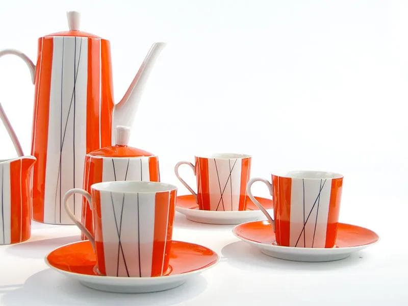 Serwis kawowy Adam, pomarańczowy-biały-czarny, porcelana, proj. S. Skomiał, Polska, lata 60. - 33591