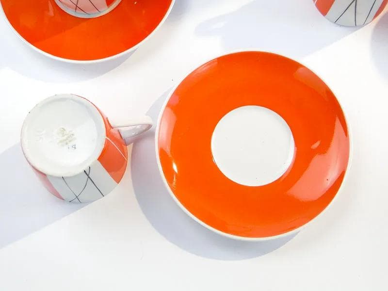 Serwis kawowy Adam, pomarańczowy-biały-czarny, porcelana, proj. S. Skomiał, Polska, lata 60. - 33595