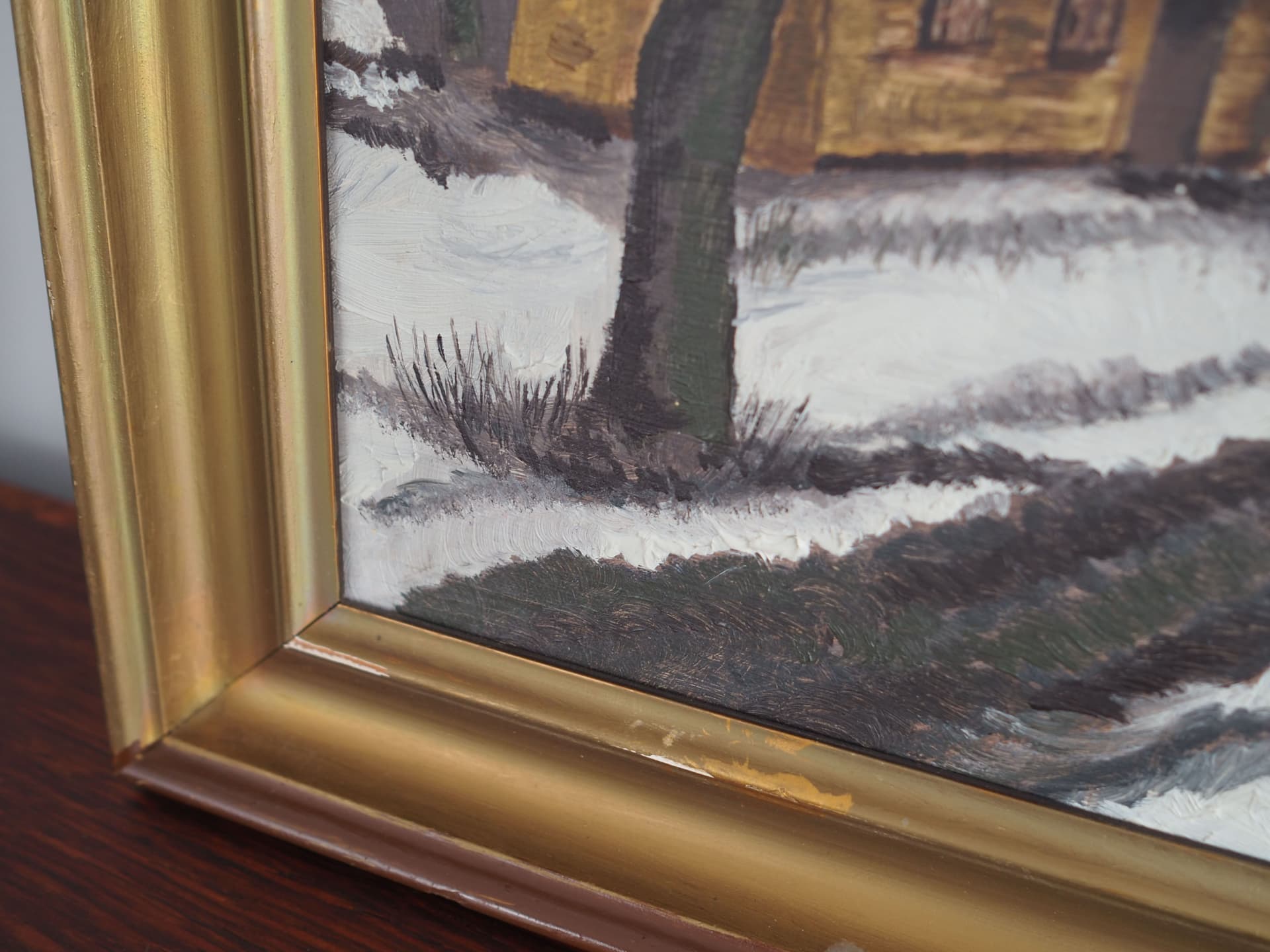 Obraz Pejzaż zimowy, skandynawski, płótno szary, lata 60. - 63898