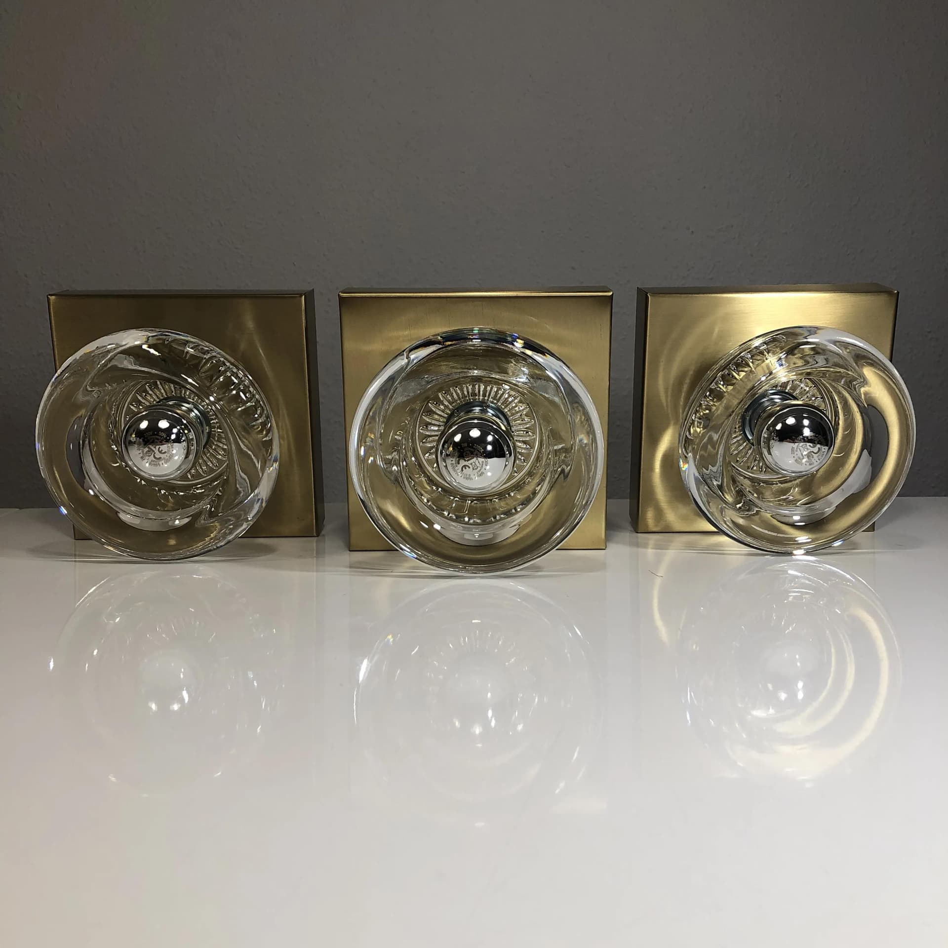 Komplet trzech kinkietów, szkło transparent, mosiądz, Cosack, Niemcy, lata 70. - 33703