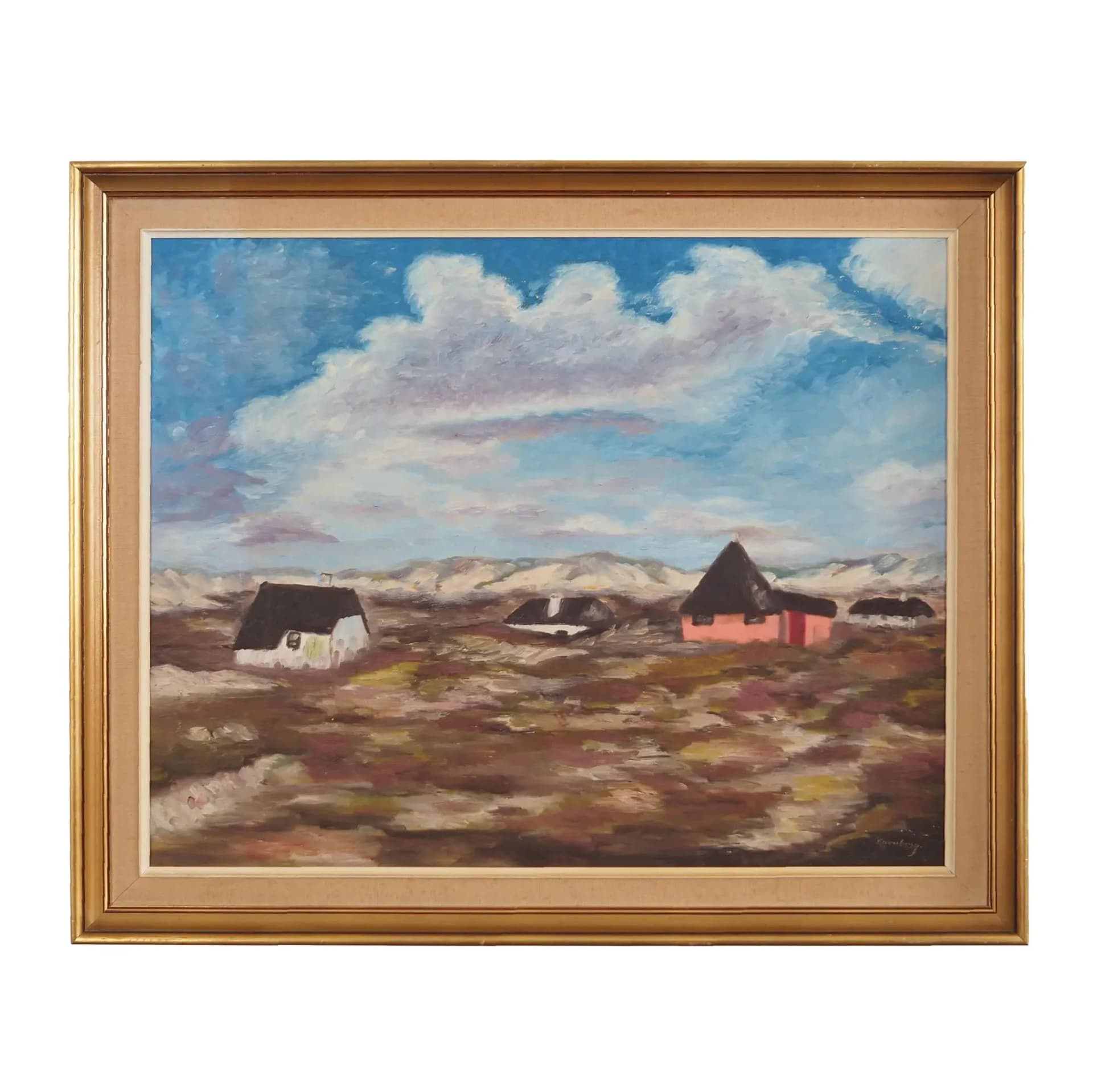 Obraz „Wioska w chmurach”, skandynawski modernizm, multicolor, olej na płótnie, Polska, lata 70.