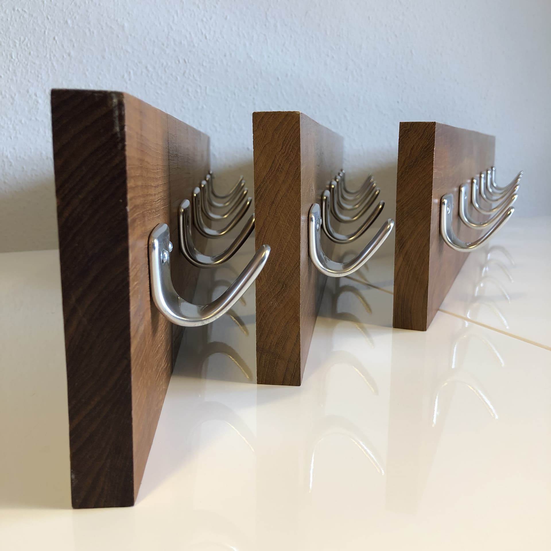 Wall-mounted coat rack, brown teak, silver aluminium, Germany, 1970s. - 33669