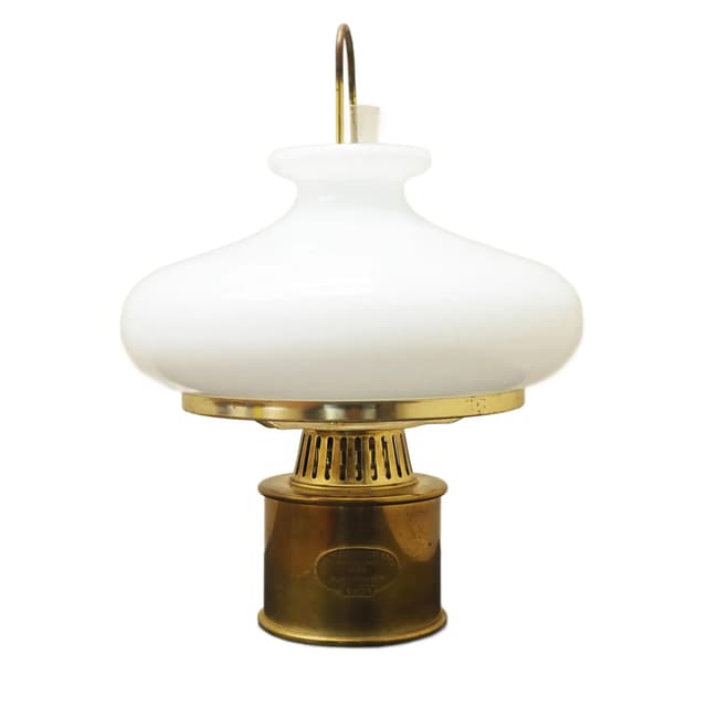 Lampa naftowa, mosiądz złoty, szkło białe, GV Harnisch, Dania, lata 50. - WYMIARY