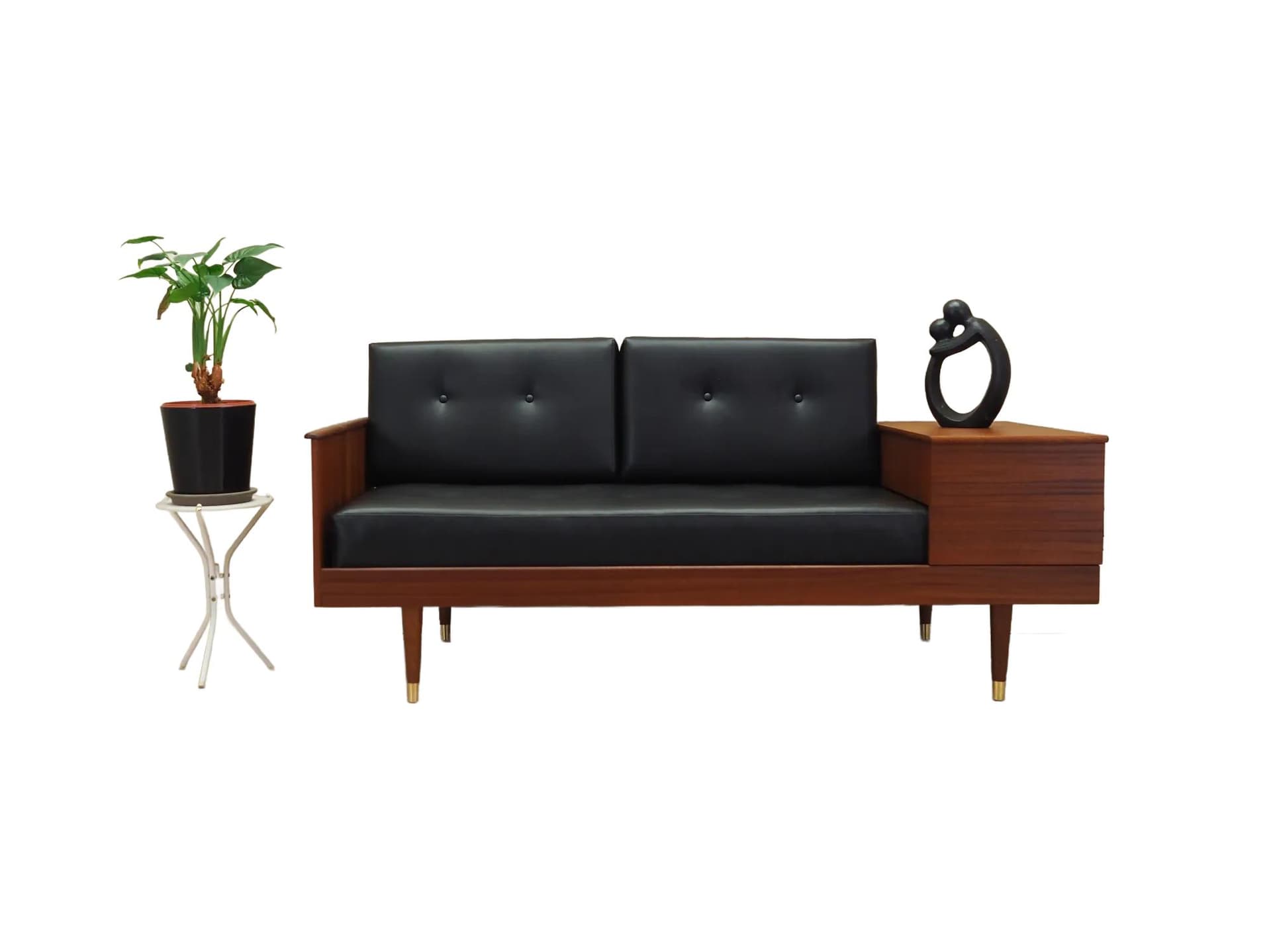 Sofa, mahoniowe drewno ciemnobrązowe, ekoskóra czarna, proj. I. Relling, Norwegia, lata 60. - 33825