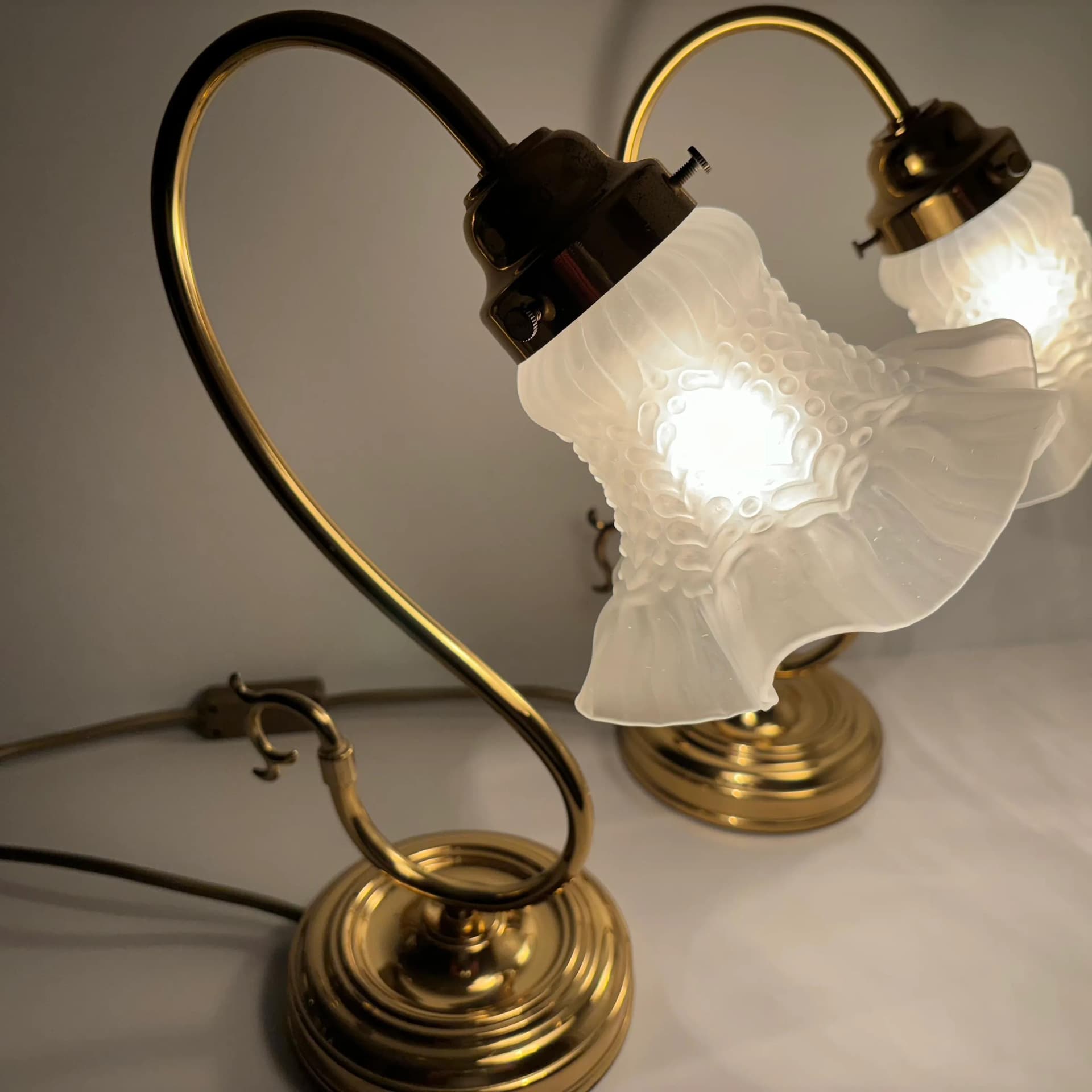 Pair of bedside lamps, golden, glass, brass, Germany, 1970s. - 33957