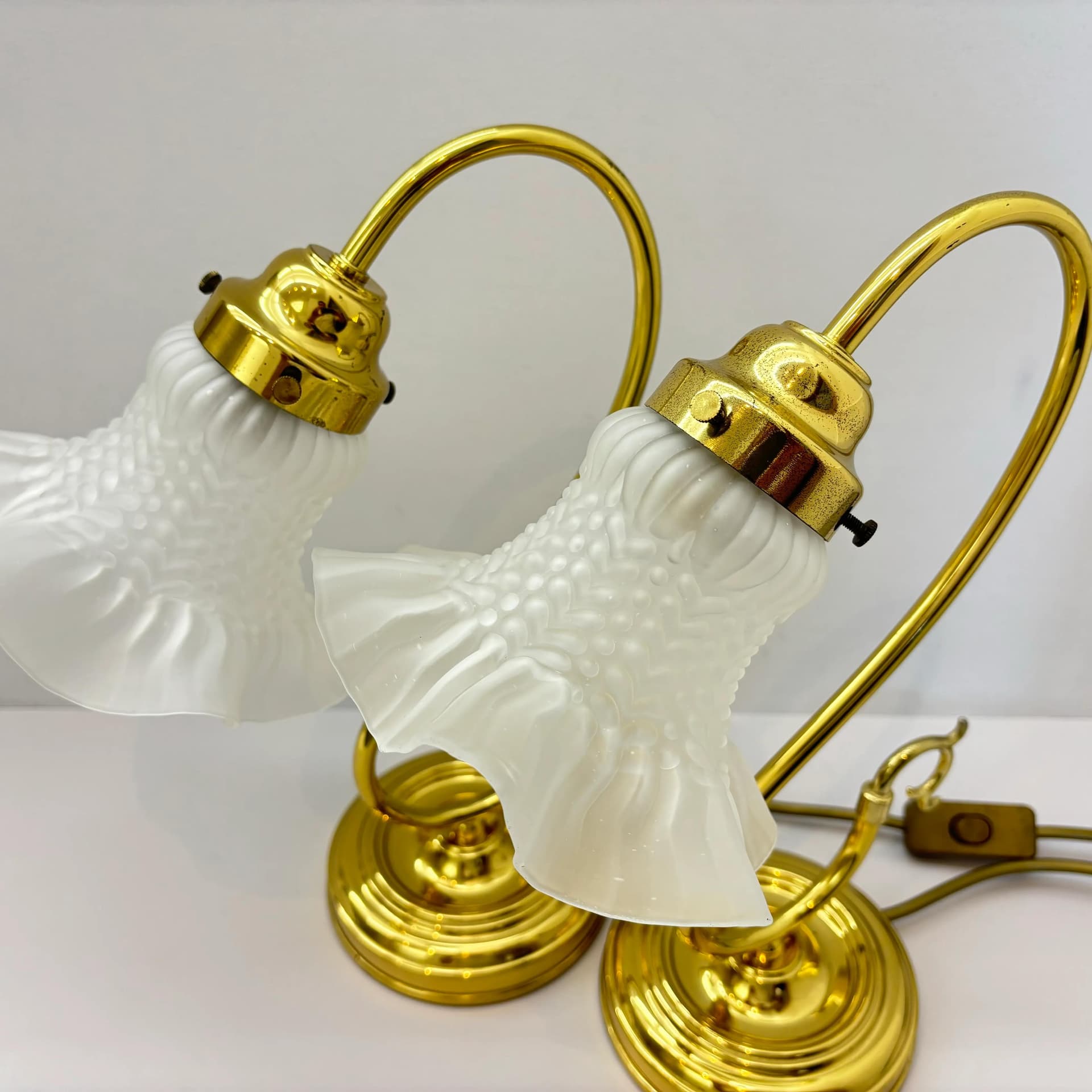 Pair of bedside lamps, golden, glass, brass, Germany, 1970s. - 33959