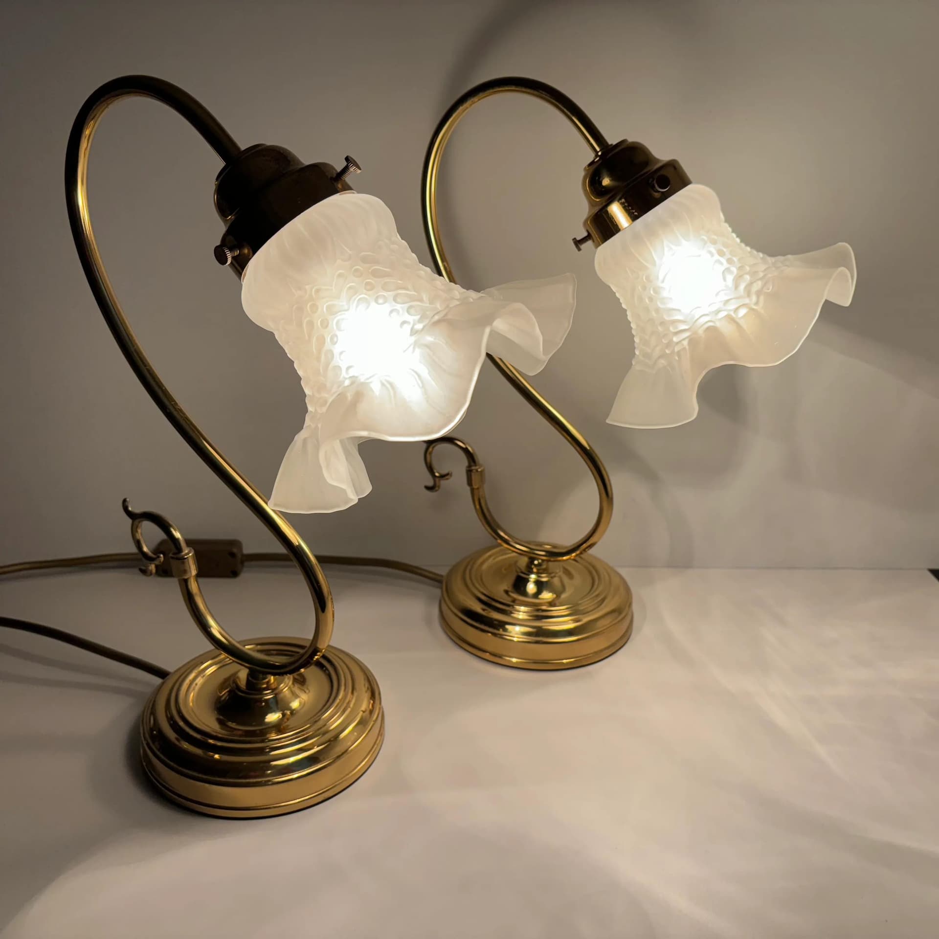 Pair of bedside lamps, golden, glass, brass, Germany, 1970s. - 33958
