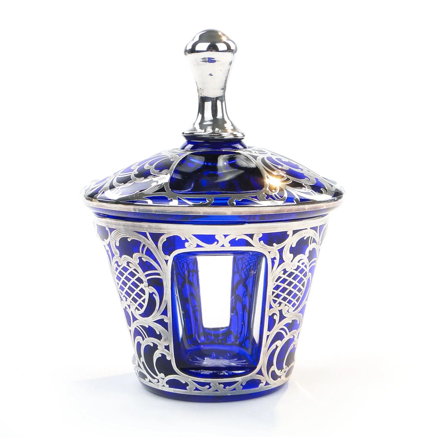 Bonbonniere, indigo glass, silver, by S. Haertl, Poland, 1940s - 33997