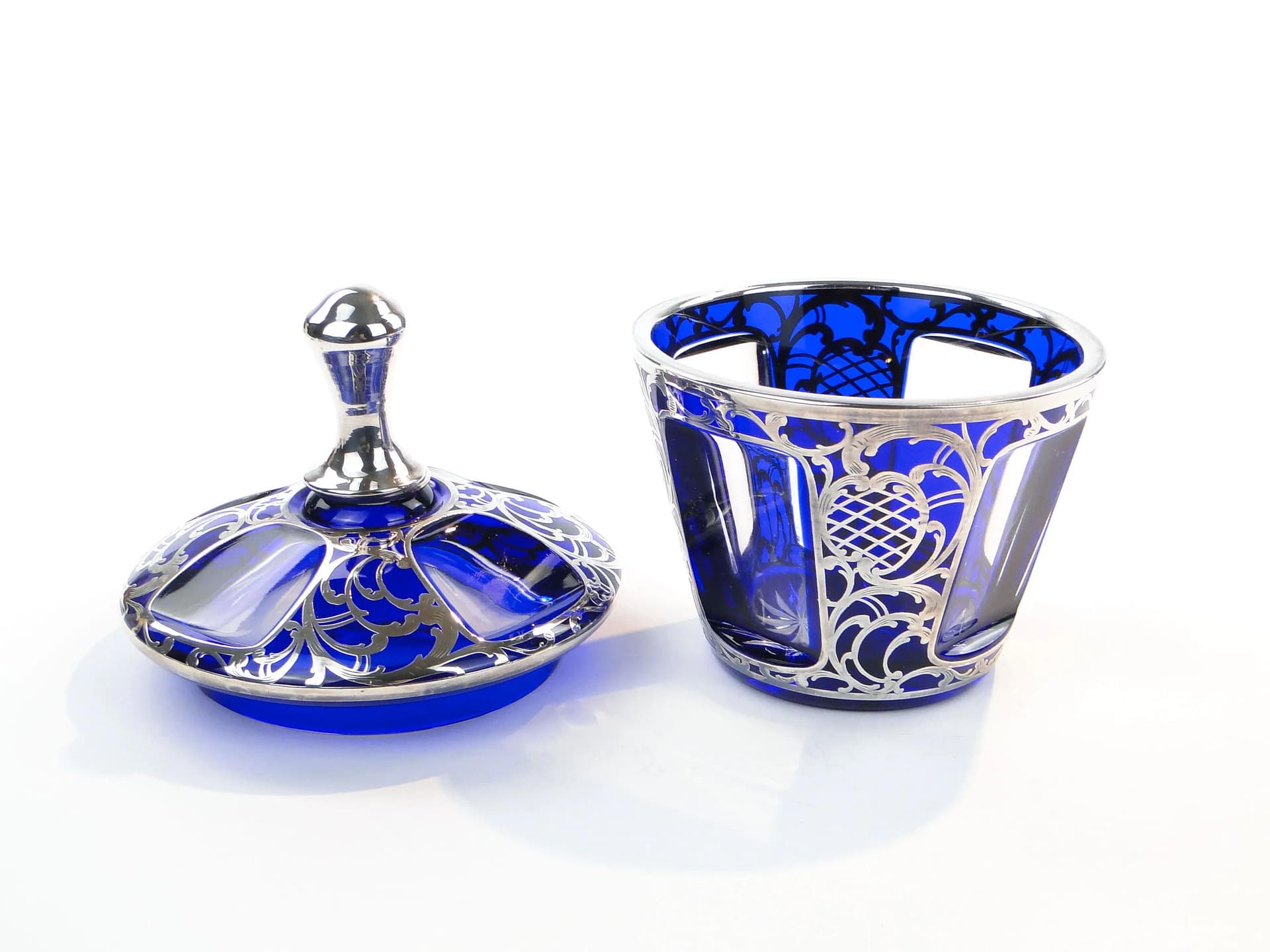 Bonbonniere, indigo glass, silver, by S. Haertl, Poland, 1940s - 34003