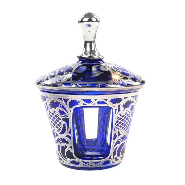 Bonbonniere, indigo glass, silver, by S. Haertl, Poland, 1940s - DIMENSION