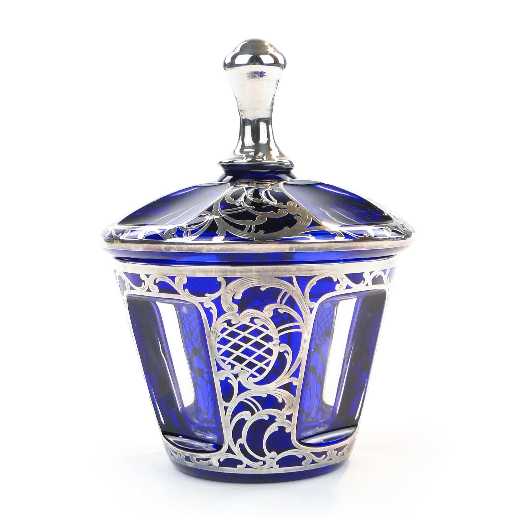 Bonbonniere, indigo glass, silver, by S. Haertl, Poland, 1940s - 33999