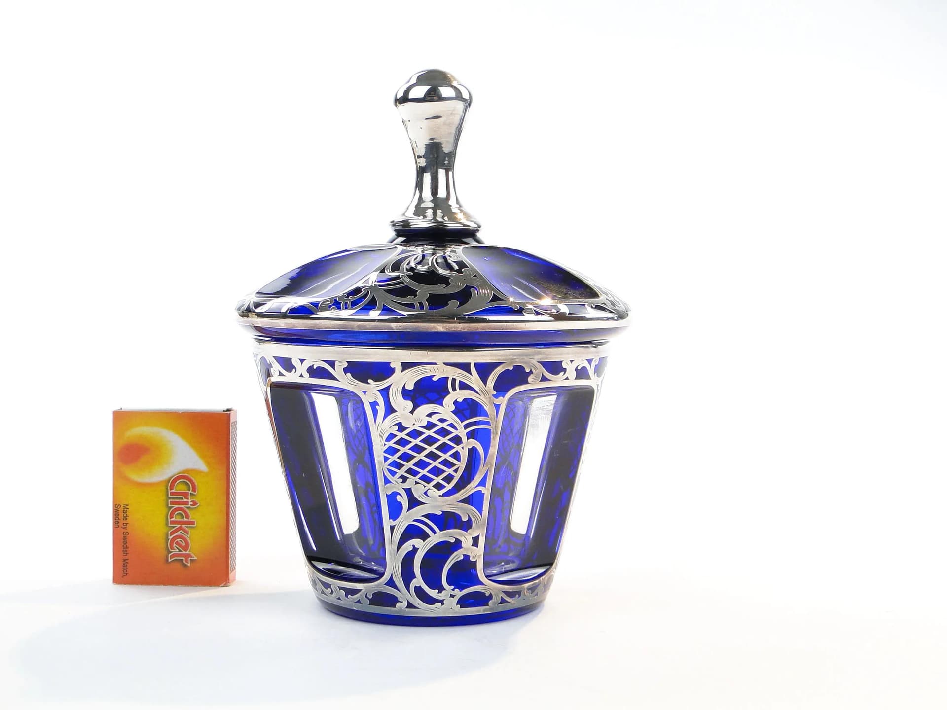 Bonbonniere, indigo glass, silver, by S. Haertl, Poland, 1940s - 33996