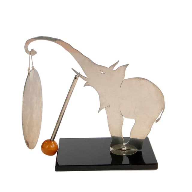 Gong Art déco, srebrny, mosiądz niklowany, bakelit, szkło czarne, Austria, lata 20. - WYMIARY