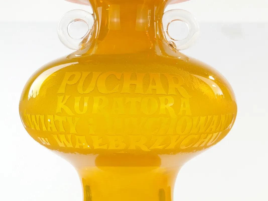 Wazon amfora, żółty, szkło, proj. K. Krawczyk, Polska, lata 70. - 34447