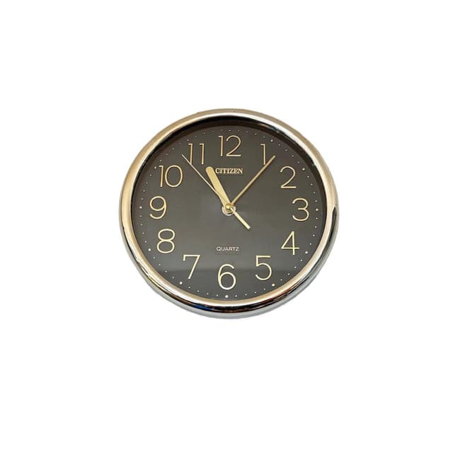 Zegar ścienny czarny, plastik złoty, szkło transparentny, Citizen, Japonia, lata 80. - WYMIARY