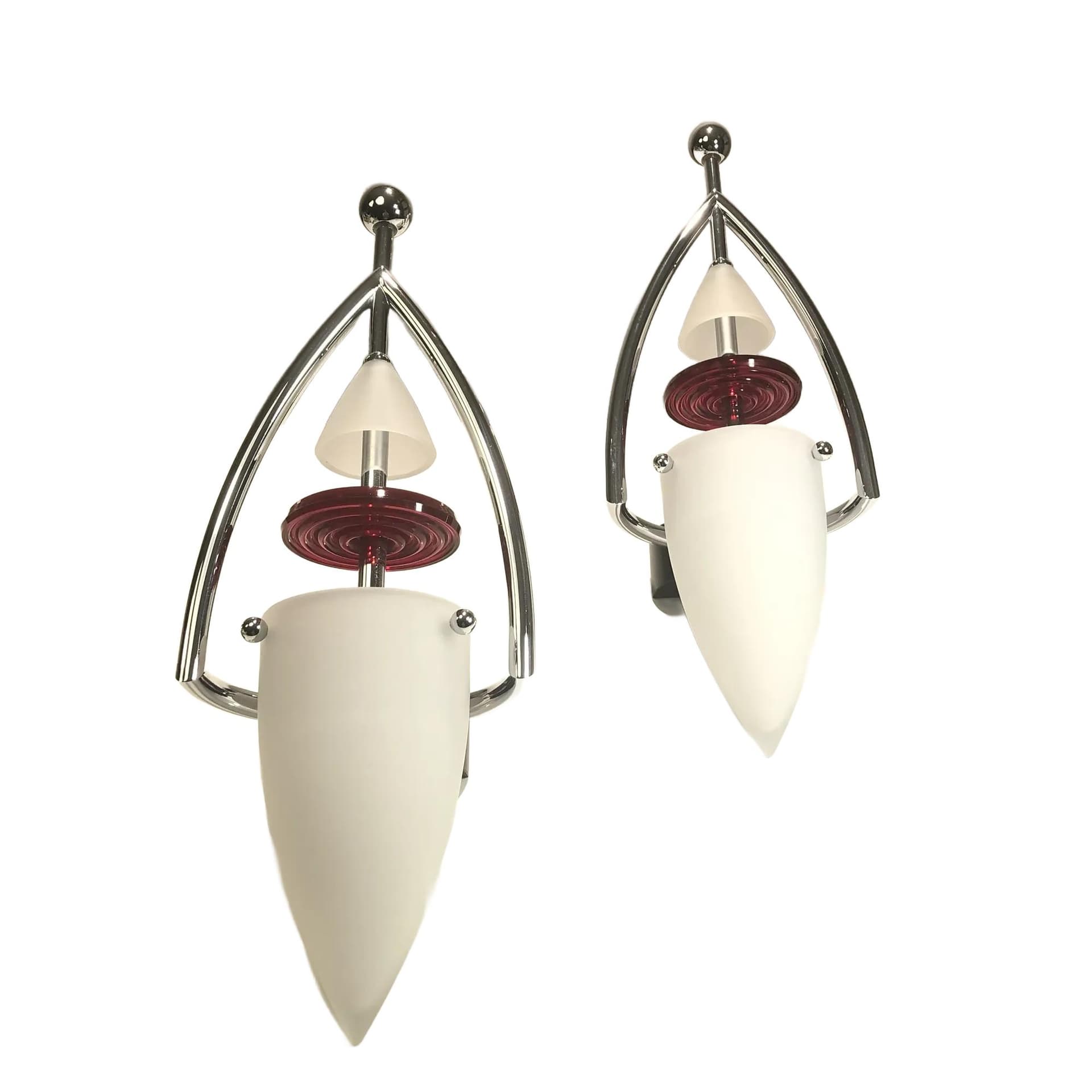 Para kinkietów postmodernistycznych, multikolor, chromowany mosiądz, szkło, Leola, Niemcy, lata 80.