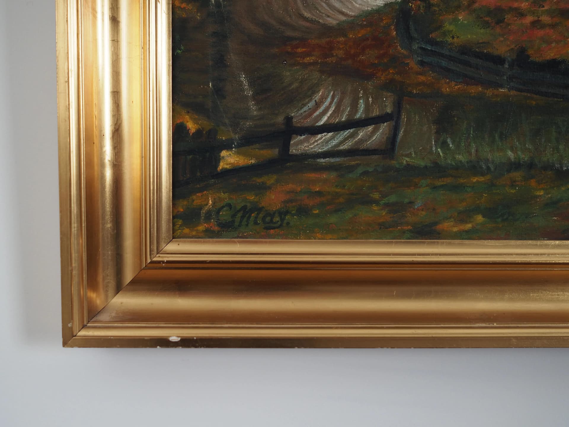 Obraz Leśny młyn, multikolor, olej na płótnie, rama drewno, aut. C. May, Szwecja, lata 70. - 35117