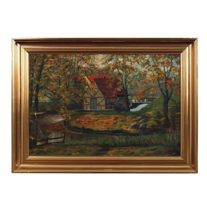 Obraz Leśny młyn, multikolor, olej na płótnie, rama drewno, aut. C. May, Szwecja, lata 70.