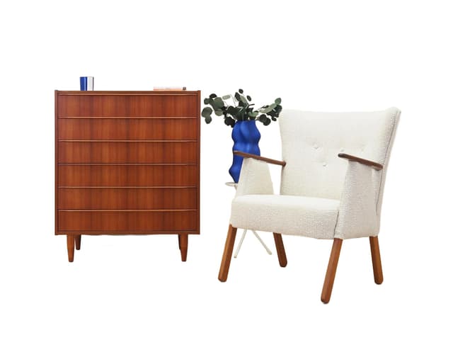 Fotel, kremowy, bouclé, dąb, teak, Dania, lata 70. - WYMIARY