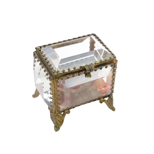 Pudełko na biżuterię, kryształ transparentny, mosiądz złocony, Francja, XIX w. - WYMIARY