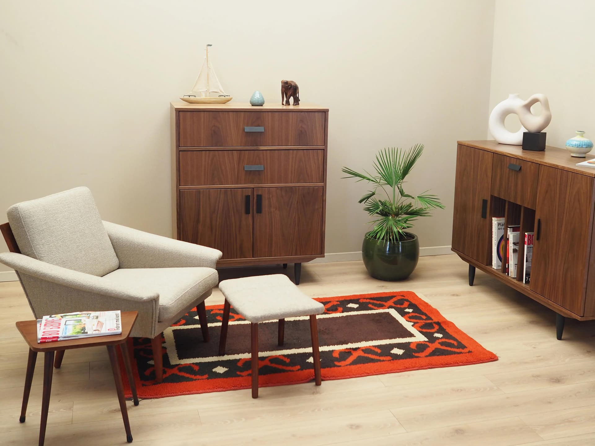 Podnóżek, teak brązowy, tkanina beżowa, Dania, lata 70. - 35800