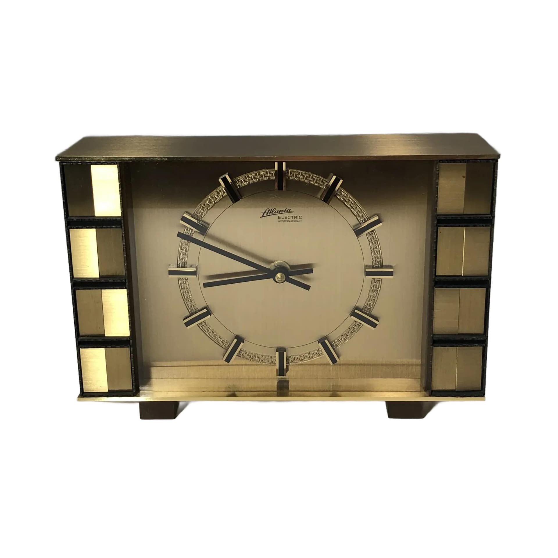 Zegar kominkowy Art Deco, złoty, mosiądz, Niemcy, lata 70.