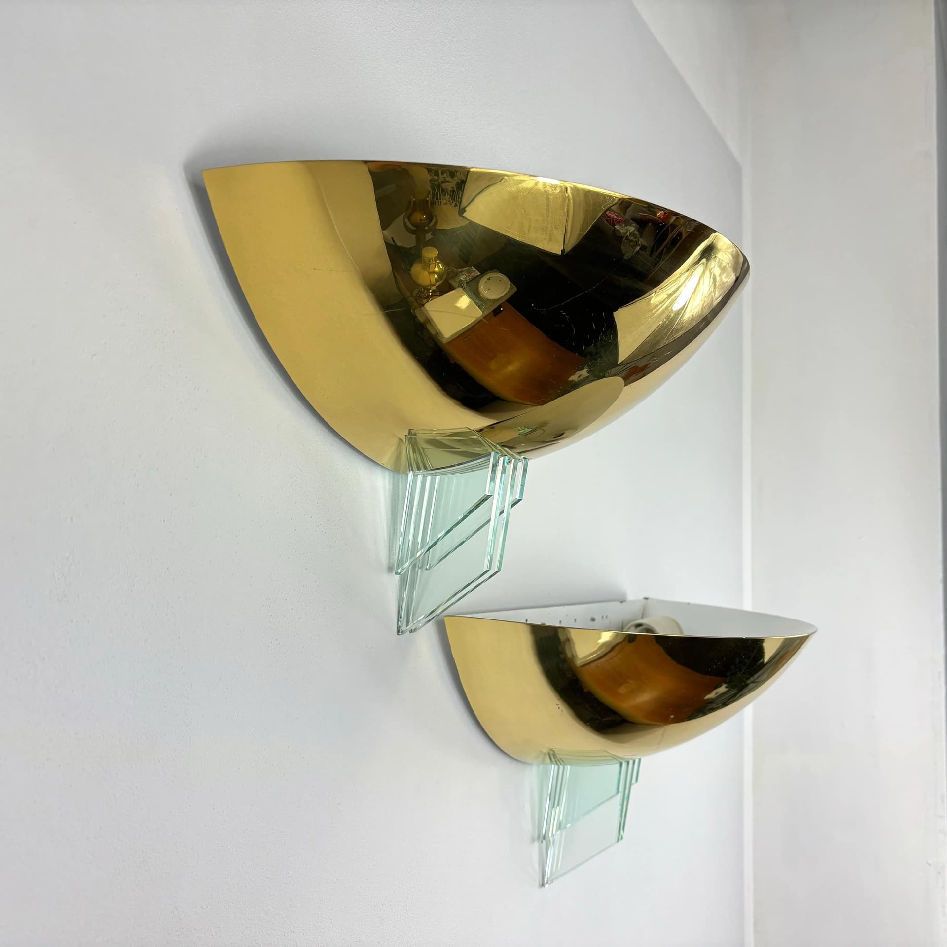 Pair of wall sconces Art Deco, golden brass, Baulmann Leuchten, Germany, 1990s. - 36042