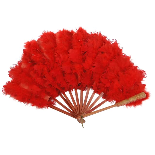 Wachlarz secesyjny, czerwony, pióra papier drewno mahoń, Austro-Węgry, początek XX w. - WYMIARY