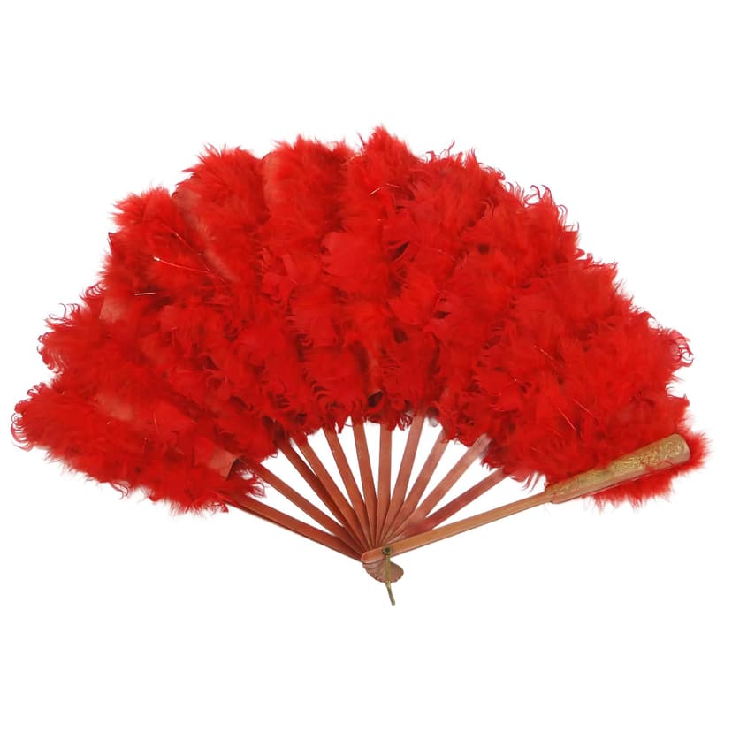 Wachlarz secesyjny, czerwony, pióra papier drewno mahoń, Austro-Węgry, początek XX w.