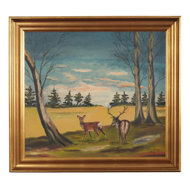 Obraz Para jeleni, skandynawski design, multikolor, olej na płótnie, lata 60. - WYMIARY