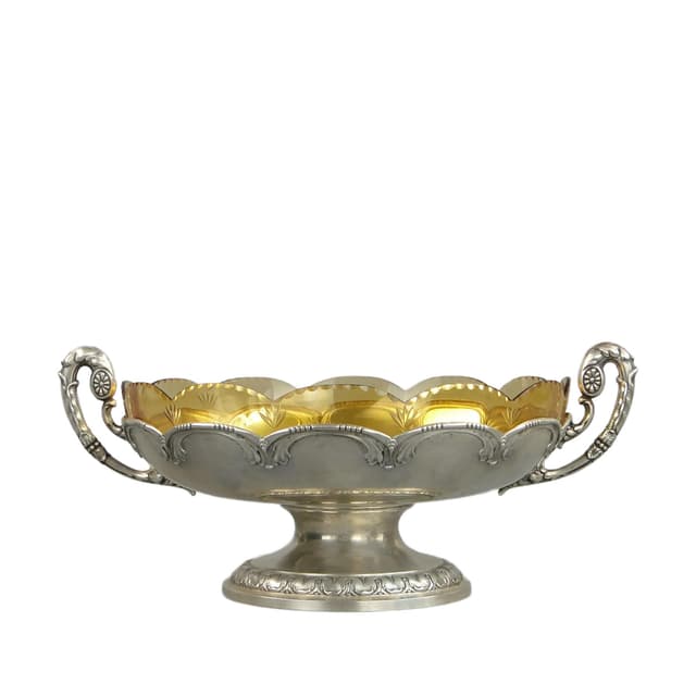 Pedestal centerpiece bowl with handles, golden brass, amber glass, Frantisek Bibus & Son, Czechoslovakia, 1920s. - DIMENSION