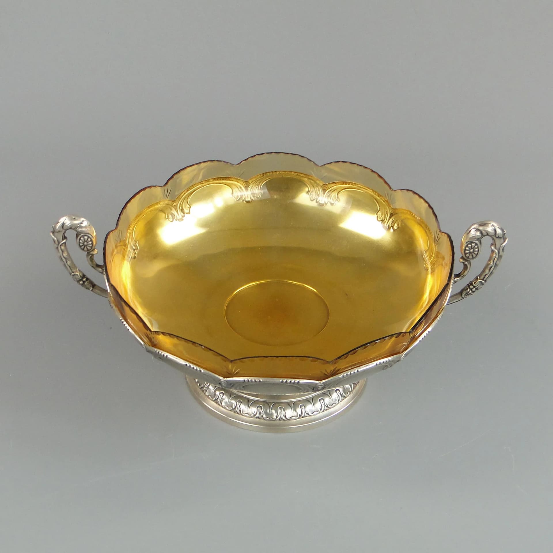 Pedestal centerpiece bowl with handles, golden brass, amber glass, Frantisek Bibus & Son, Czechoslovakia, 1920s. - 36896
