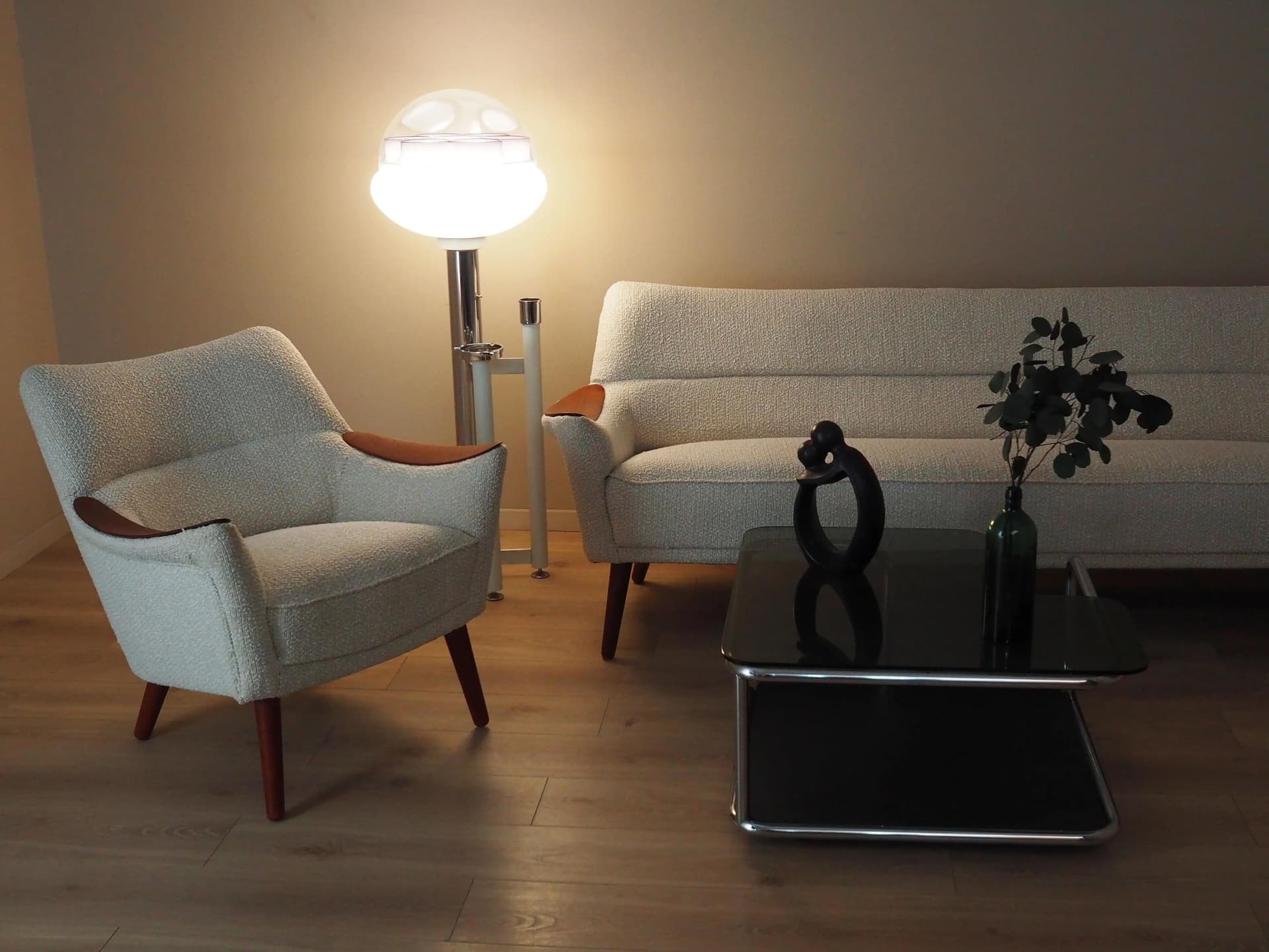 Komplet wypoczynkowy, beżowy, bouclé, teak, Dania, lata 70. - 36978