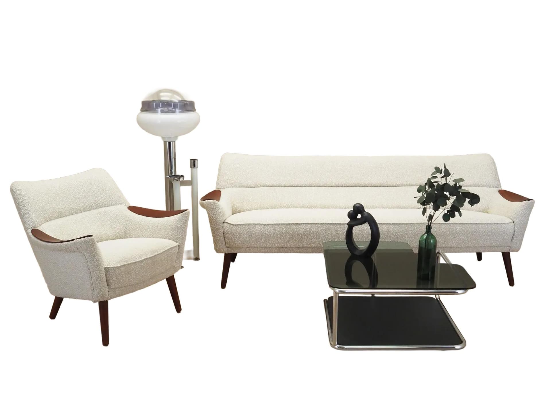 Komplet wypoczynkowy, beżowy, bouclé, teak, Dania, lata 70.