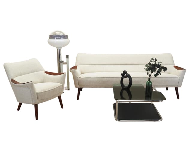 Komplet wypoczynkowy, beżowy, bouclé, teak, Dania, lata 70. - WYMIARY