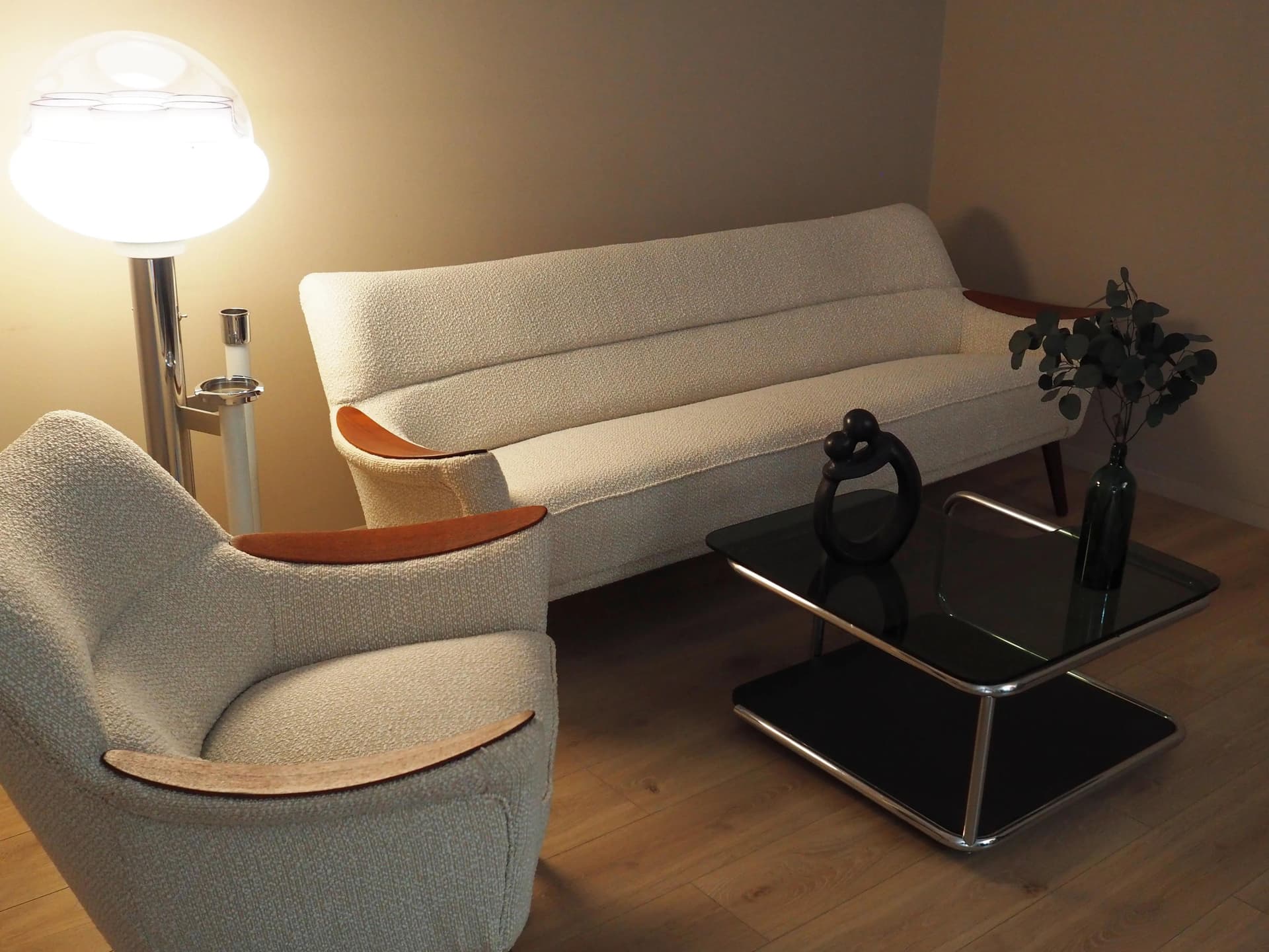 Komplet wypoczynkowy, beżowy, bouclé, teak, Dania, lata 70. - 36979