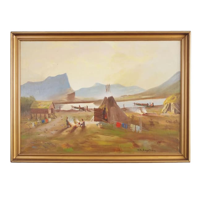 Painting, Camp by the River, yellow, oil on canvas, by V. O. Engström, Sweden, 19th c. - DIMENSION