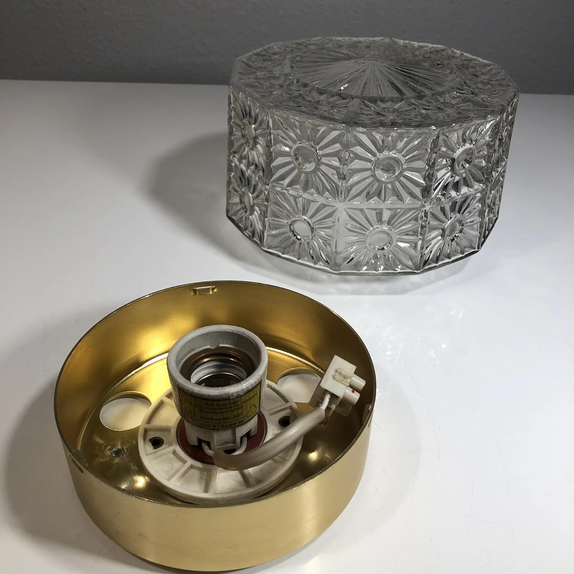 Ceiling Light, transparent glass, gold aluminium, VEB Gorlitz, Germany, 1980s. - 37031