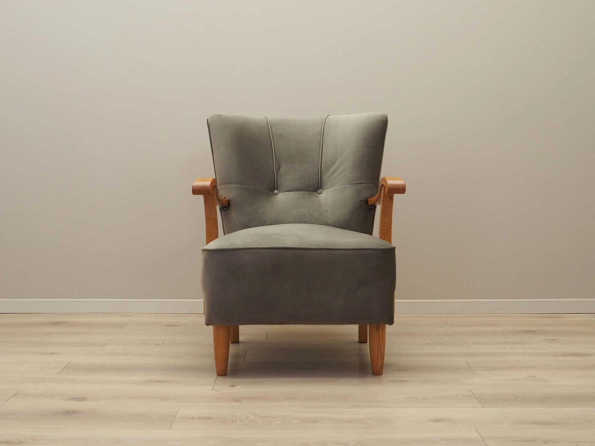 Armchair, grey velvet, beech, Denmark, 1960s - 37489