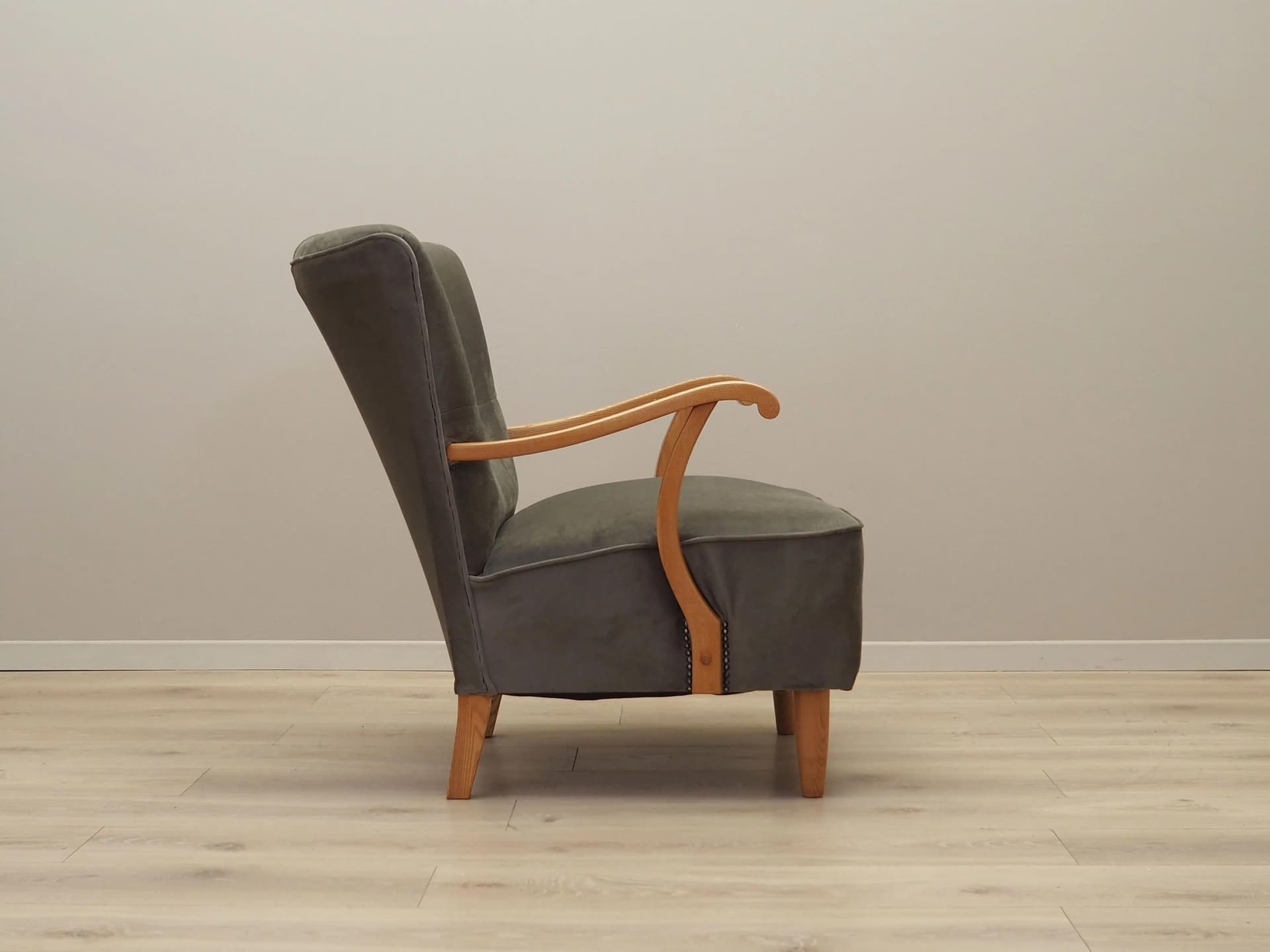 Armchair, grey velvet, beech, Denmark, 1960s - 37495