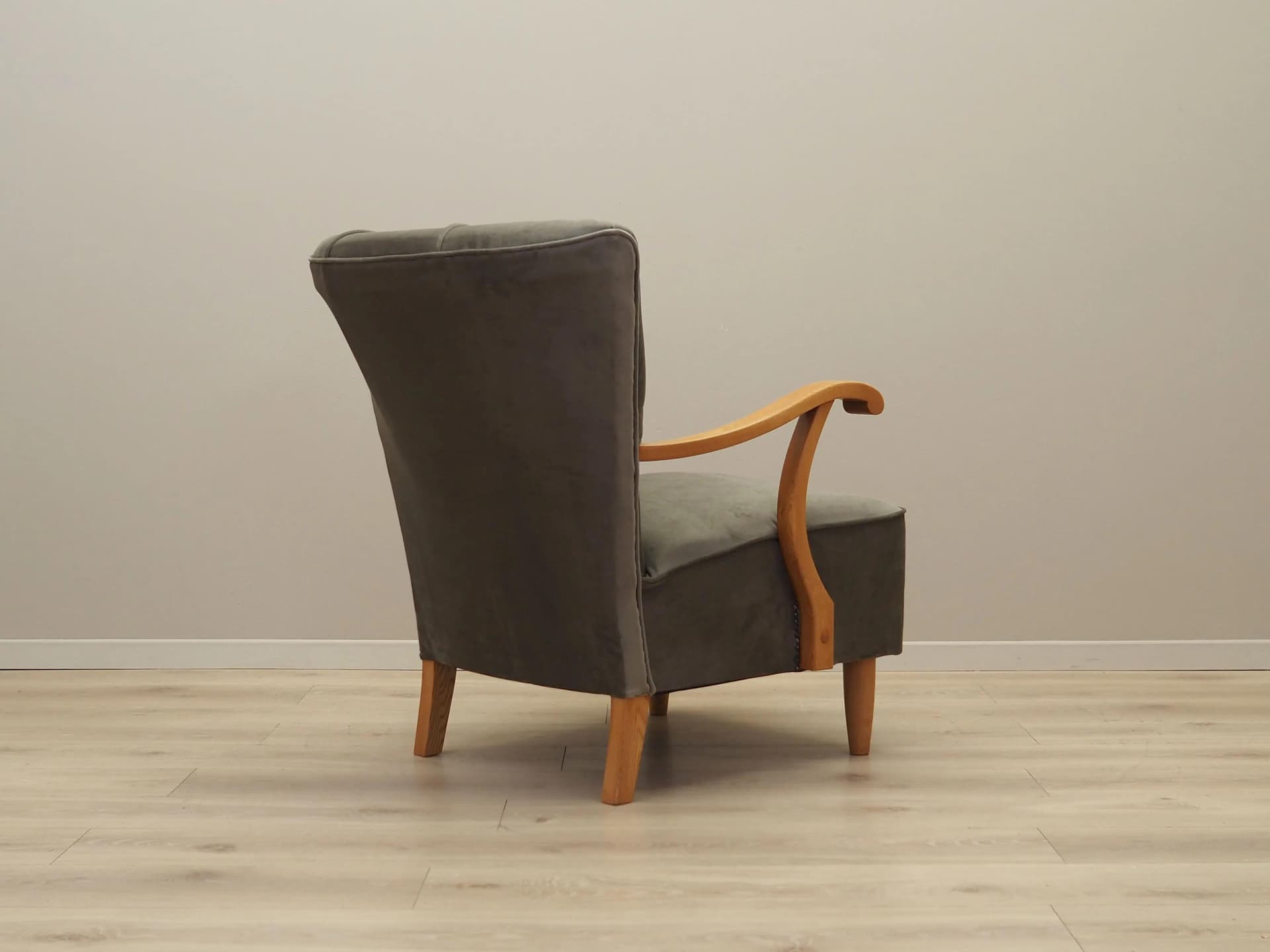 Armchair, grey velvet, beech, Denmark, 1960s - 37494