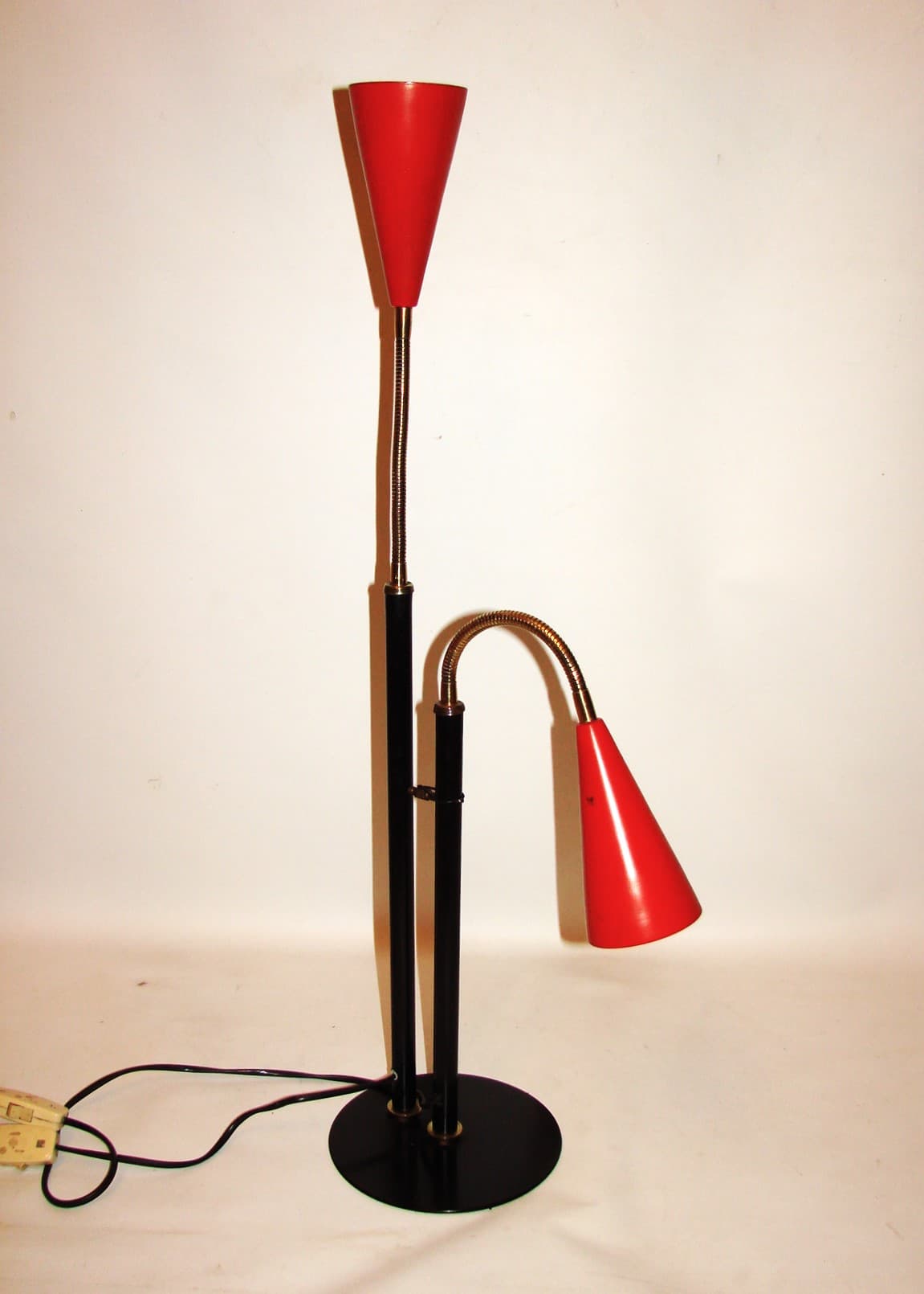 Desk lamp, black metal, brass, red shade, Europe, 1970s. - 37732