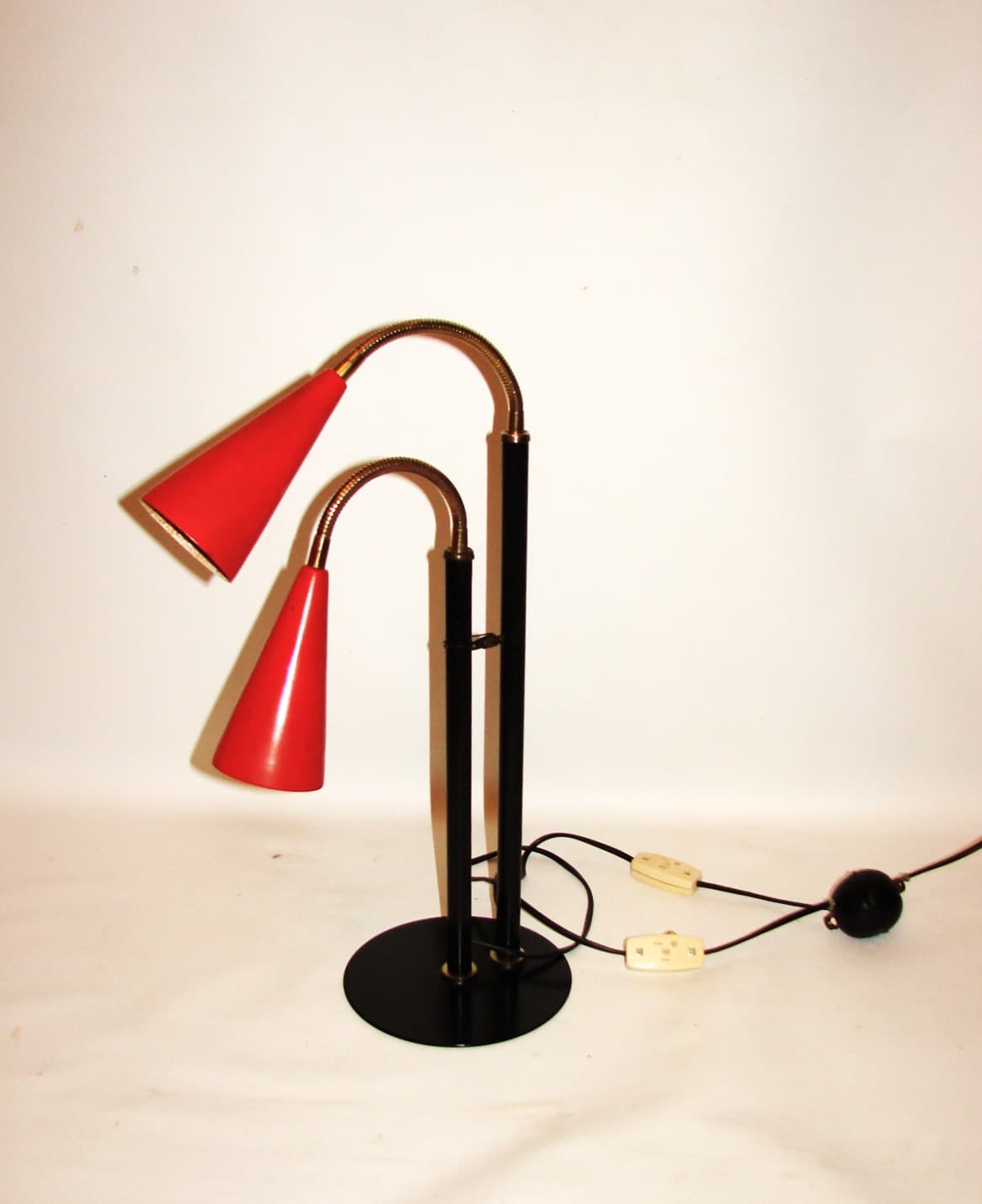 Desk lamp, black metal, brass, red shade, Europe, 1970s. - 37727