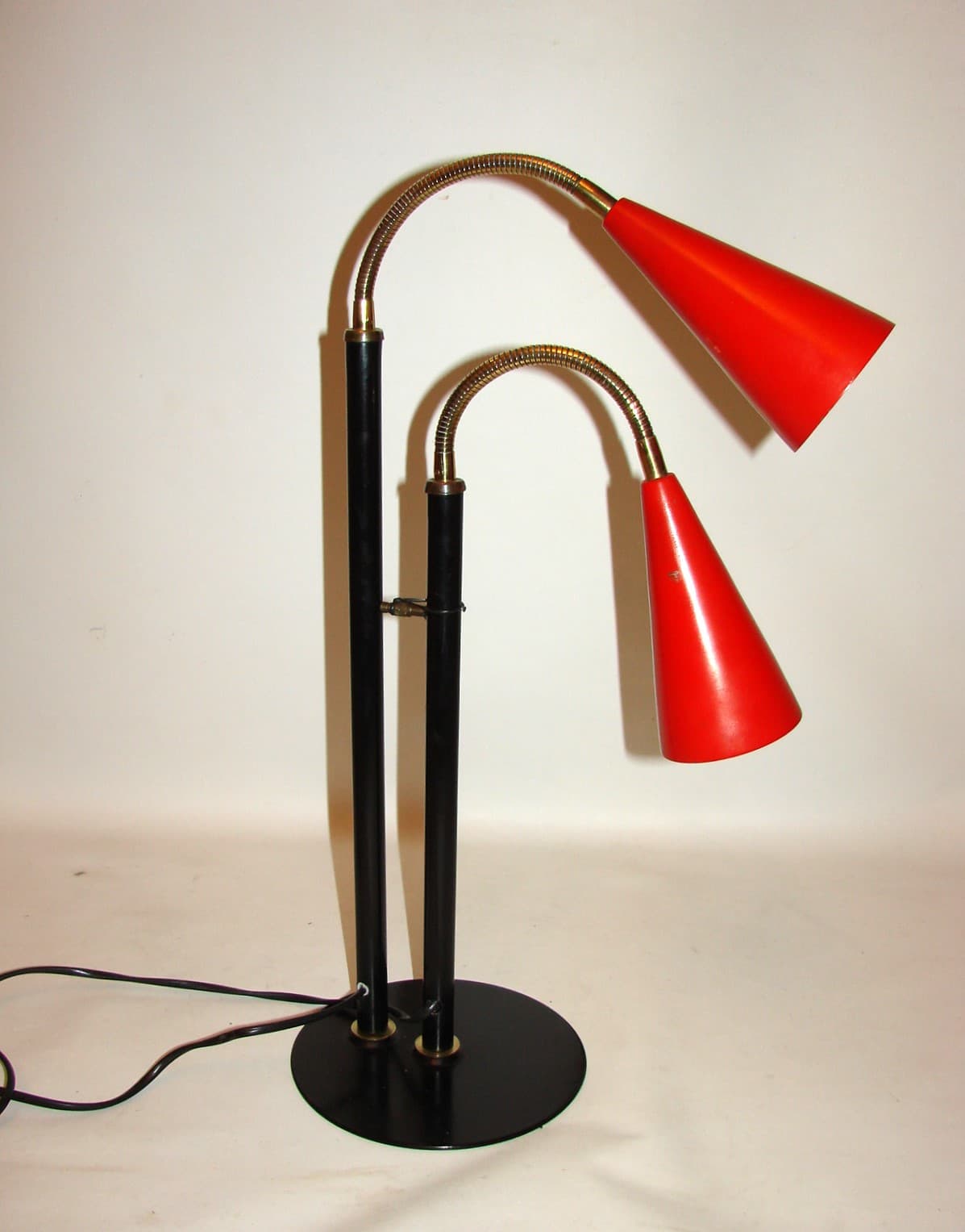 Desk lamp, black metal, brass, red shade, Europe, 1970s. - 37730