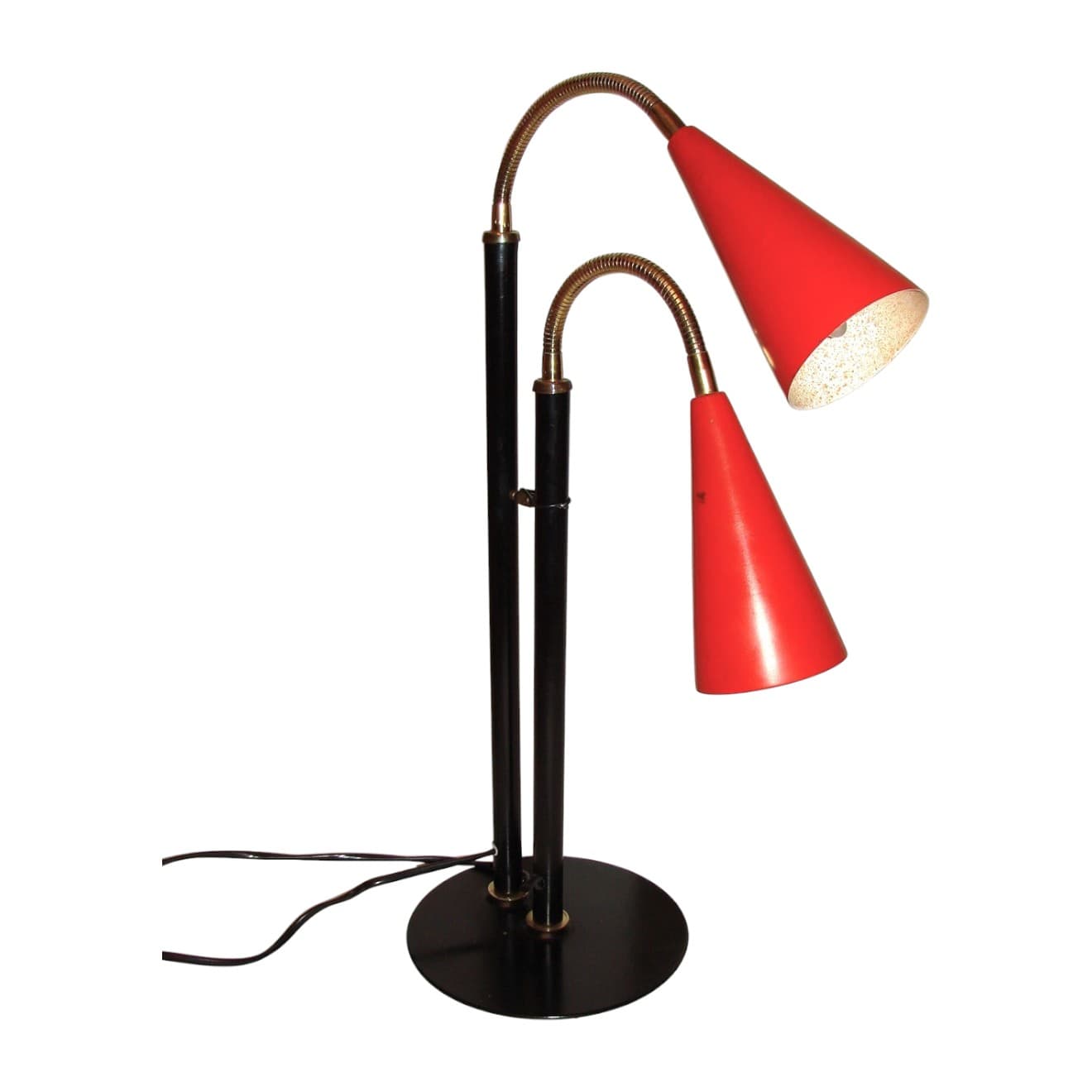 Desk lamp, black metal, brass, red shade, Europe, 1970s.