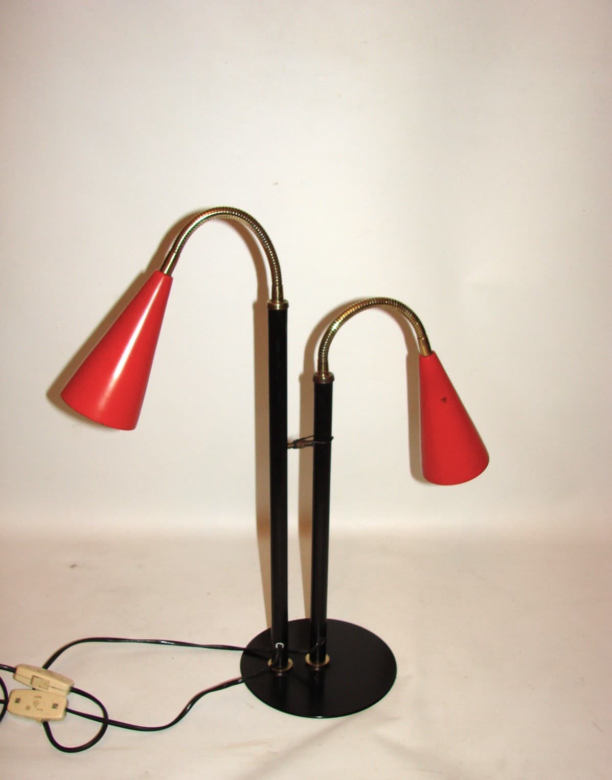 Desk lamp, black metal, brass, red shade, Europe, 1970s. - 37733